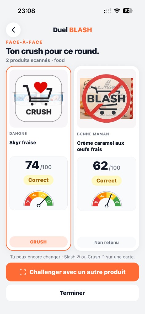 Écran Duel BLASH — face-à-face Crush vs Blash