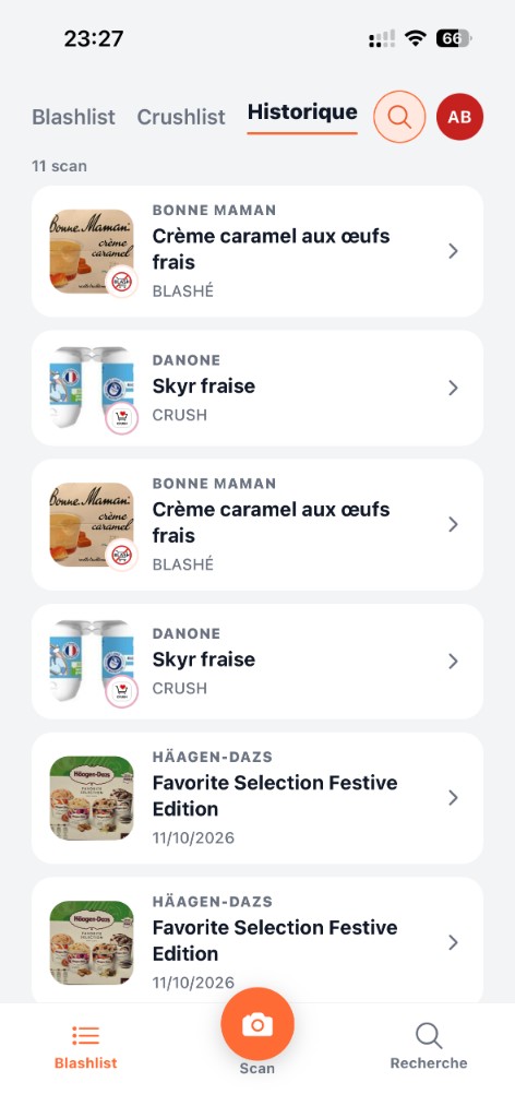 Écran Historique BLASH — Blashlist et Crushlist