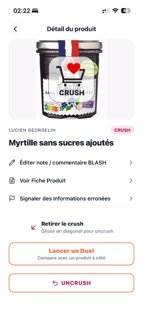 Fiche produit BLASH avec stamp Crush et actions