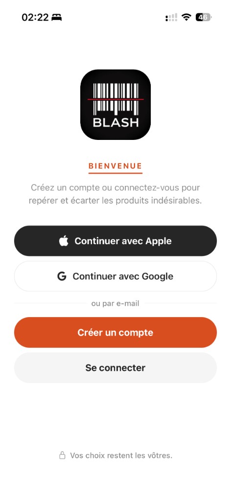 Écran d’accueil BLASH — Bienvenue